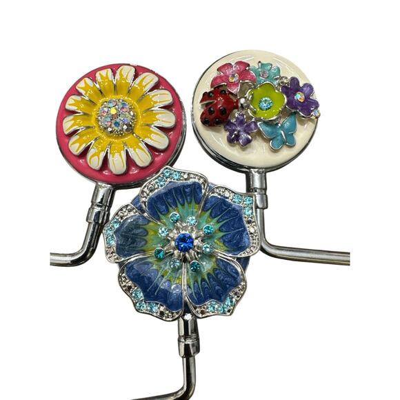 SPRING STREET DESIGN SET OF 3 FLOWERS CRYSTALS ENAMEL HANDBAG HOLDER BAG HOOK - Picture 1 of 2
